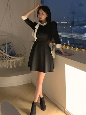 DAZY Women Ruffle Collar Waisted Patchwork Contrast Color Mini Dress