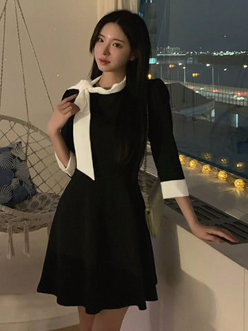 DAZY Women Ruffle Collar Waisted Patchwork Contrast Color Mini Dress