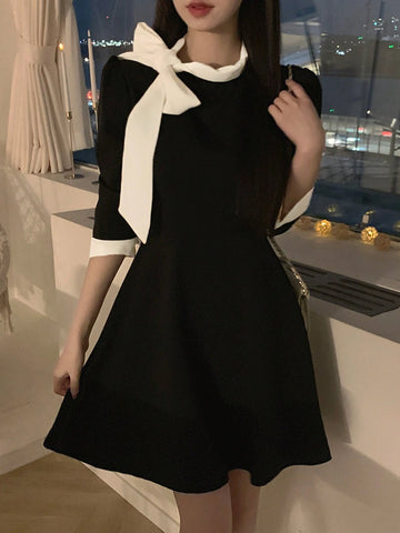 DAZY Women Ruffle Collar Waisted Patchwork Contrast Color Mini Dress