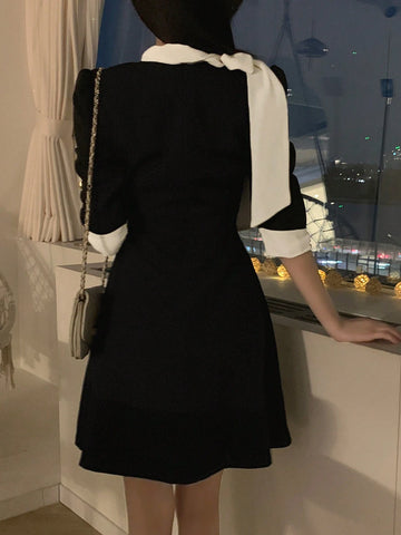 DAZY Women Ruffle Collar Waisted Patchwork Contrast Color Mini Dress