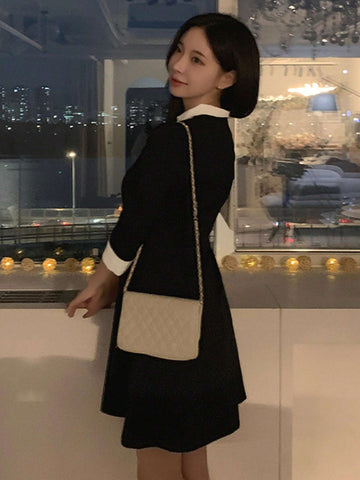 DAZY Women Ruffle Collar Waisted Patchwork Contrast Color Mini Dress