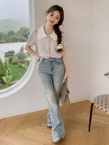 DAZY Women Short Sleeve Plaid Shirt With Contrasting Collar