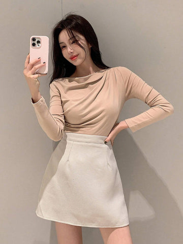 DAZY Women Simple Solid Color Textured A-Line Skirt For Autumn