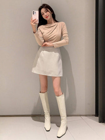 DAZY Women Simple Solid Color Textured A-Line Skirt For Autumn
