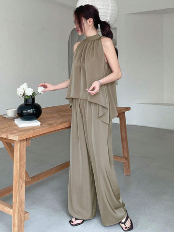DAZY Women Solid Color Asymmetrical Hem Halter Top + Pants Two Piece Set