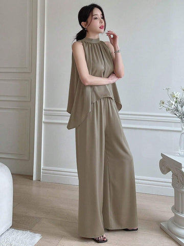 DAZY Women Solid Color Asymmetrical Hem Halter Top + Pants Two Piece Set