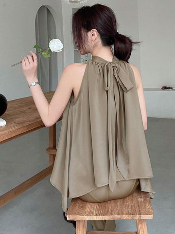 DAZY Women Solid Color Asymmetrical Hem Halter Top + Pants Two Piece Set