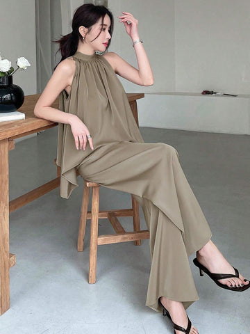 DAZY Women Solid Color Asymmetrical Hem Halter Top + Pants Two Piece Set