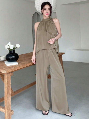 DAZY Women Solid Color Asymmetrical Hem Halter Top + Pants Two Piece Set