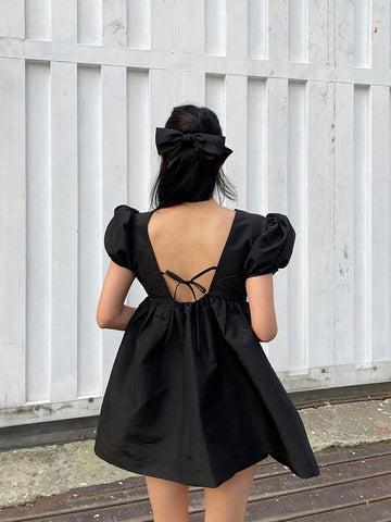 DAZY Women Solid Color Backless Bubble Sleeve Long Pullover Shirt