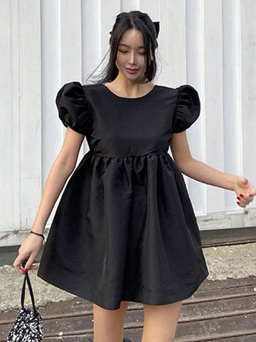 DAZY Women Solid Color Backless Bubble Sleeve Long Pullover Shirt