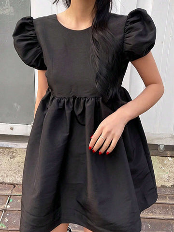 DAZY Women Solid Color Backless Bubble Sleeve Long Pullover Shirt