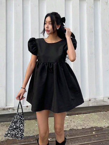 DAZY Women Solid Color Backless Bubble Sleeve Long Pullover Shirt