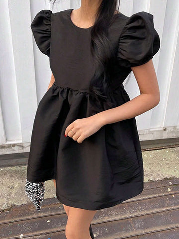 DAZY Women Solid Color Backless Bubble Sleeve Long Pullover Shirt