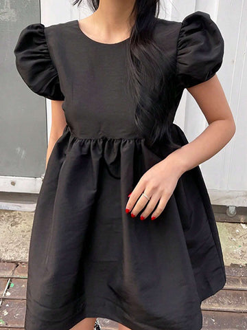 DAZY Women Solid Color Backless Bubble Sleeve Long Pullover Shirt