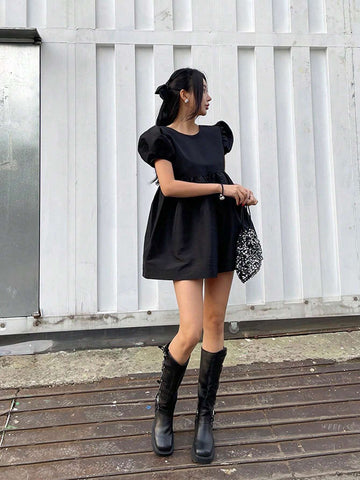 DAZY Women Solid Color Backless Bubble Sleeve Long Pullover Shirt