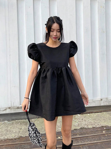 DAZY Women Solid Color Backless Bubble Sleeve Long Pullover Shirt