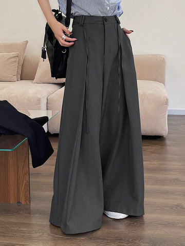 DAZY Women Solid Color Front Button Plain Straight Leg Trousers, Casual Everyday Wear