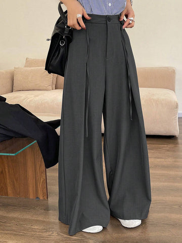 DAZY Women Solid Color Front Button Plain Straight Leg Trousers, Casual Everyday Wear