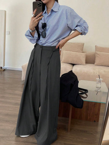 DAZY Women Solid Color Front Button Plain Straight Leg Trousers, Casual Everyday Wear