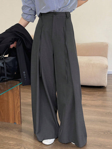 DAZY Women Solid Color Front Button Plain Straight Leg Trousers, Casual Everyday Wear