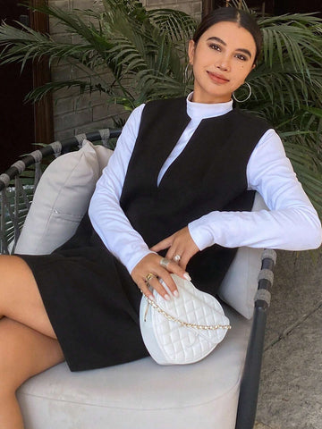 DAZY Women Solid Color Loose Sleeveless Straight Round Neck Open Slit Midi Dress