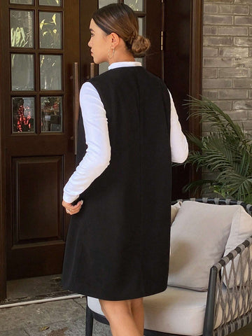 DAZY Women Solid Color Loose Sleeveless Straight Round Neck Open Slit Midi Dress