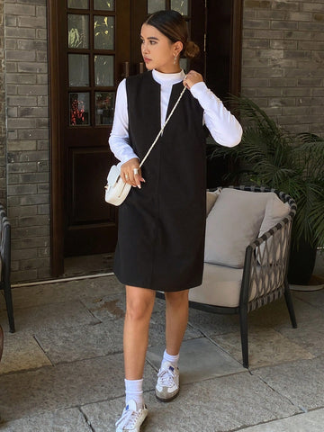 DAZY Women Solid Color Loose Sleeveless Straight Round Neck Open Slit Midi Dress