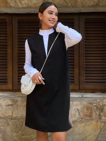 DAZY Women Solid Color Loose Sleeveless Straight Round Neck Open Slit Midi Dress