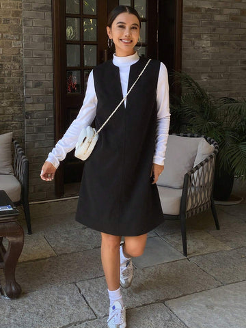 DAZY Women Solid Color Loose Sleeveless Straight Round Neck Open Slit Midi Dress