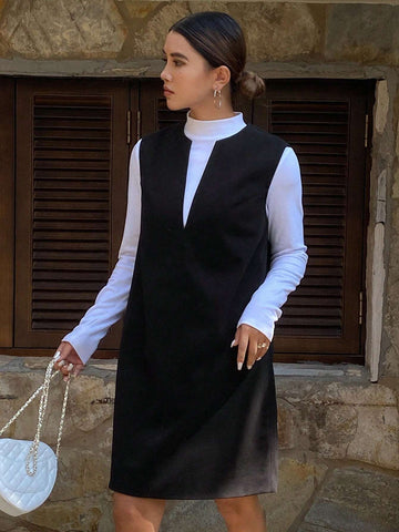 DAZY Women Solid Color Loose Sleeveless Straight Round Neck Open Slit Midi Dress