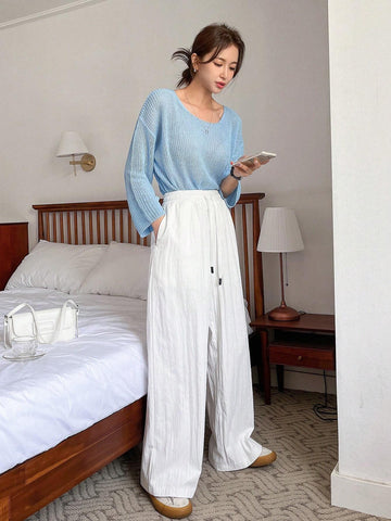 DAZY Women Solid Color Loose Wide Leg Pants With Drawstring Elastic Waist