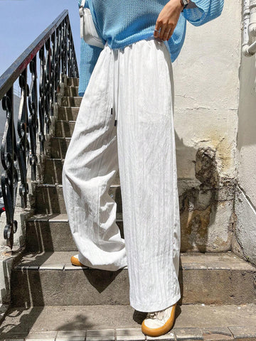 DAZY Women Solid Color Loose Wide Leg Pants With Drawstring Elastic Waist