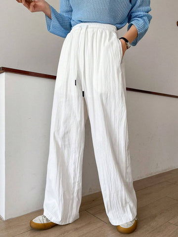 DAZY Women Solid Color Loose Wide Leg Pants With Drawstring Elastic Waist