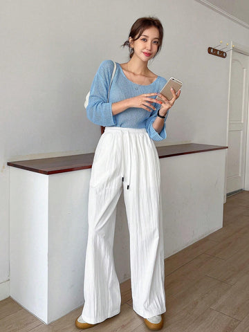 DAZY Women Solid Color Loose Wide Leg Pants With Drawstring Elastic Waist