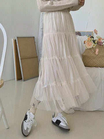 DAZY Women Solid Color Mesh Splice Loose Skirt