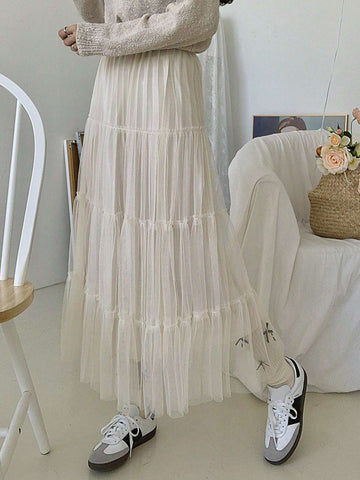 DAZY Women Solid Color Mesh Splice Loose Skirt