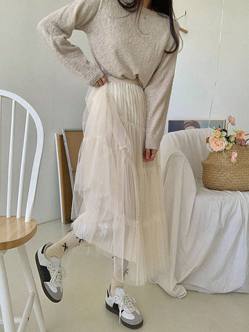 DAZY Women Solid Color Mesh Splice Loose Skirt