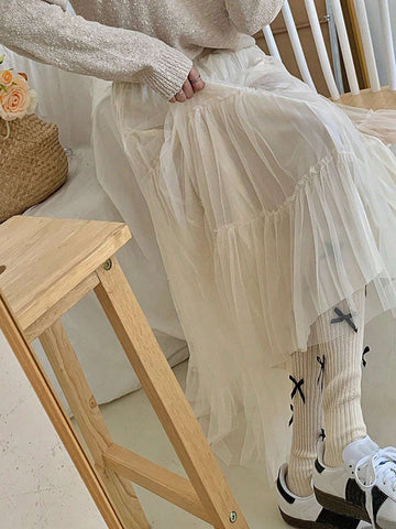 DAZY Women Solid Color Mesh Splice Loose Skirt