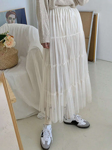 DAZY Women Solid Color Mesh Splice Loose Skirt