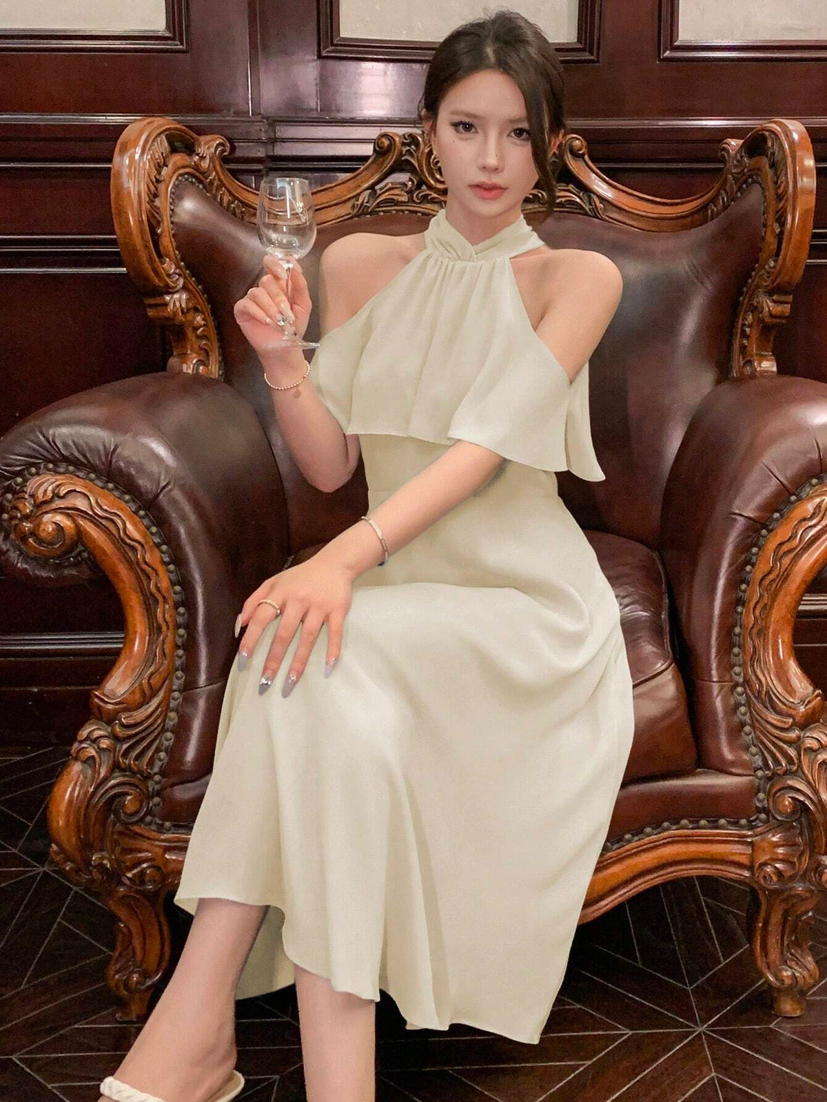 DAZY Women Solid Color Off-Shoulder Halter Neck Dress For Summer