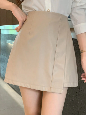 DAZY Women Solid Color PU Asymmetric Skirt