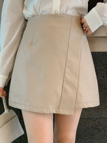 DAZY Women Solid Color PU Asymmetric Skirt