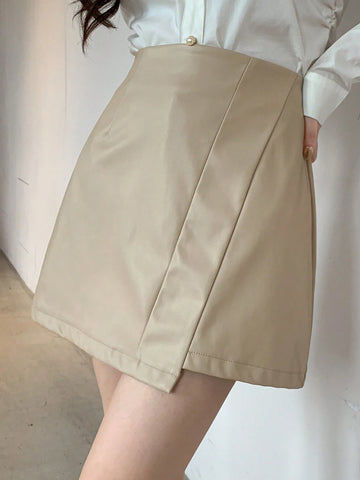 DAZY Women Solid Color PU Asymmetric Skirt