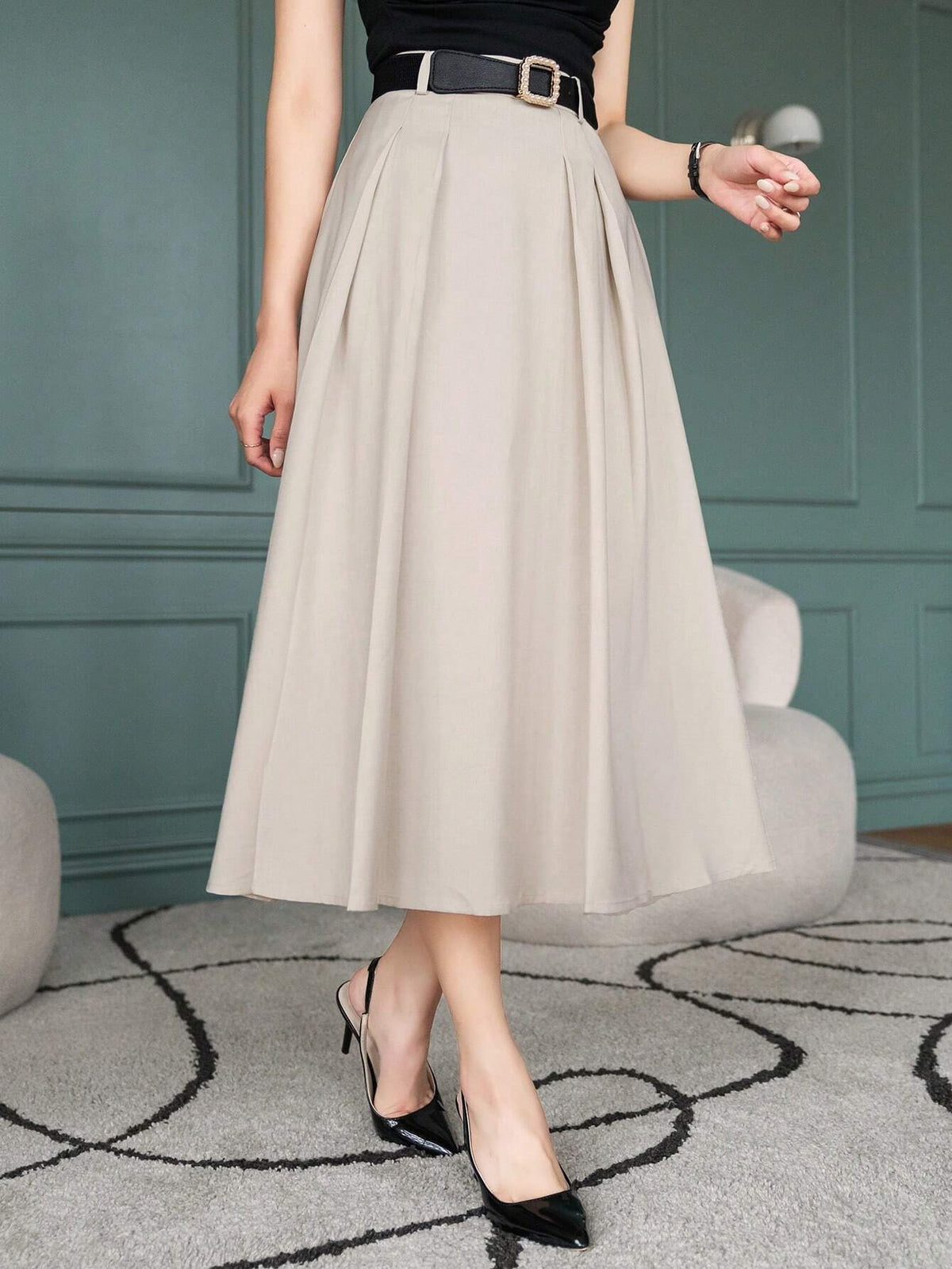 DAZY Women Solid Color Pleated A-Line Elegant Office Skirt