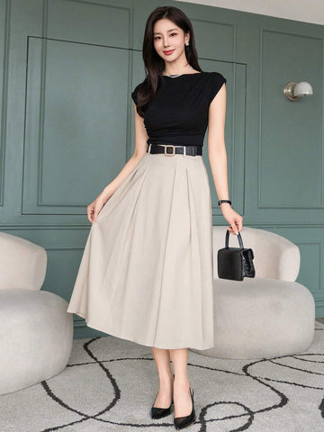DAZY Women Solid Color Pleated A-Line Elegant Office Skirt