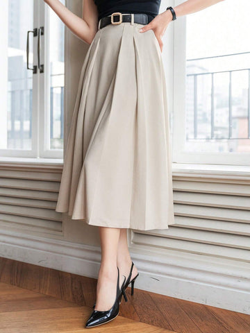 DAZY Women Solid Color Pleated A-Line Elegant Office Skirt