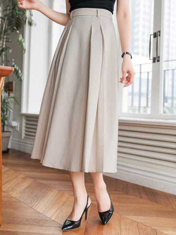 DAZY Women Solid Color Pleated A-Line Elegant Office Skirt