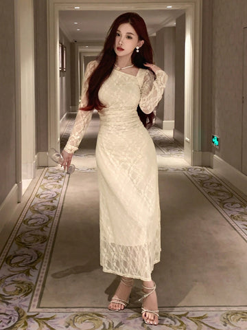 DAZY Women Solid Color Pleated Long Sleeve Dress With Back Zipper