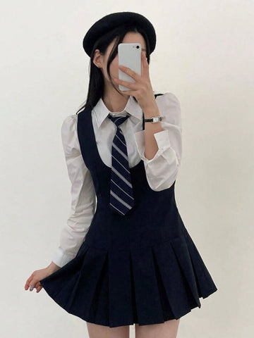 DAZY Women Solid Color Round Neck Casual Pleated Hem Pinafore Mini Dress